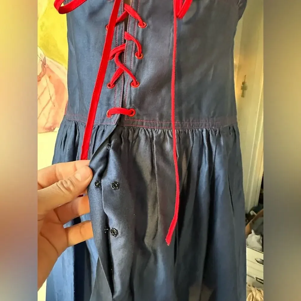 70s Givenchy Navy Dress with Red Lace-Up Corset Empire Bustier Accent - Picture 2 of 11